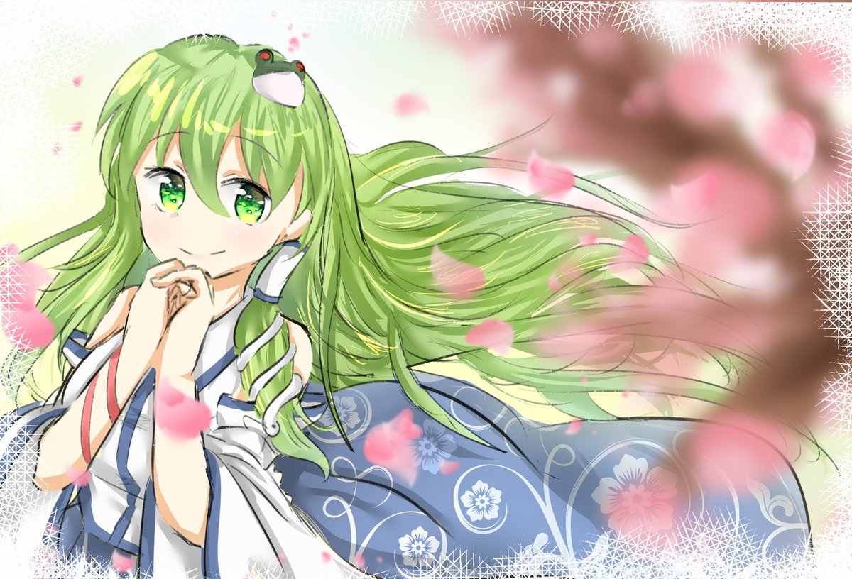 1girl cherry_blossoms detached_sleeves frog_hair_accessory green_eyes green_hair hair_accessories iosan_th kochiya_sanae long_hair miko petals ribbon smile snake_hair_accessory solo touhou