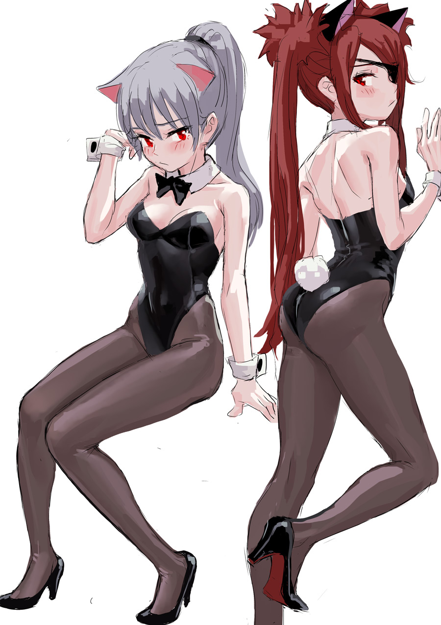 2girls animal_ears ass bangs bare_shoulders black_footwear black_legwear black_leotard blush breasts bunnysuit cat_ears closed_mouth detached_collar eyepatch fkey grey_hair hand_up high_heels highres leotard long_hair looking_at_viewer multiple_girls original pantyhose ponytail red_eyes redhead sidelocks simple_background sitting small_breasts thighs twintails very_long_hair white_background wrist_cuffs