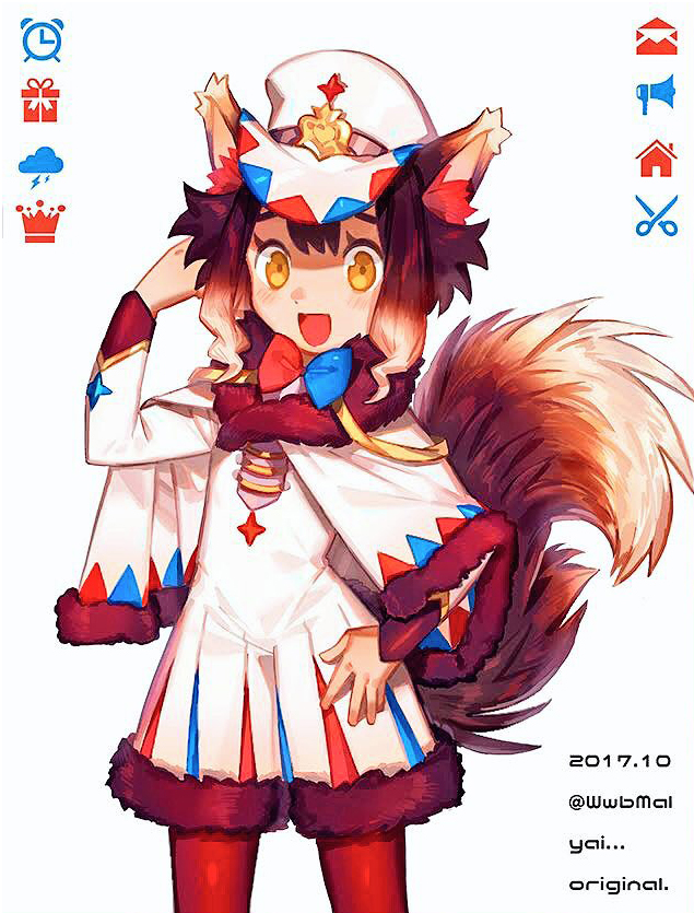 1girl :d animal_ears arm_up artist_name bangs blush brown_hair capelet commentary_request dated dog_ears dog_girl dog_tail fur-trimmed_capelet fur_trim hand_on_hip hat long_sleeves looking_at_viewer open_mouth original pantyhose red_eyes short_jumpsuit sidelocks simple_background smile solo tail twitter_username white_background white_capelet white_hat white_jumpsuit yai_(hachihito) yellow_eyes