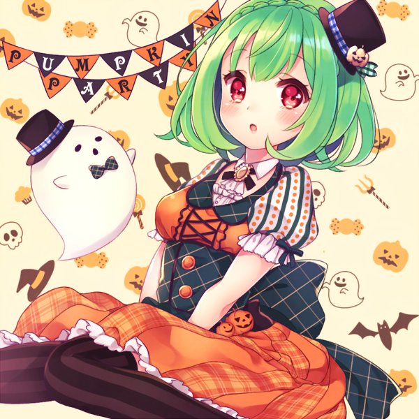 1girl :o black_bow black_hat black_legwear blush bow braid brooch corset crown_braid flower_knight_girl ghost green_hair halloween hat houzuki_michiru jack-o'-lantern jewelry looking_at_viewer mini_hat mini_top_hat open_mouth orange_skirt pepo_(flower_knight_girl) polka_dot red_eyes short_hair skirt solo striped striped_legwear thigh-highs top_hat vertical-striped_legwear vertical_stripes