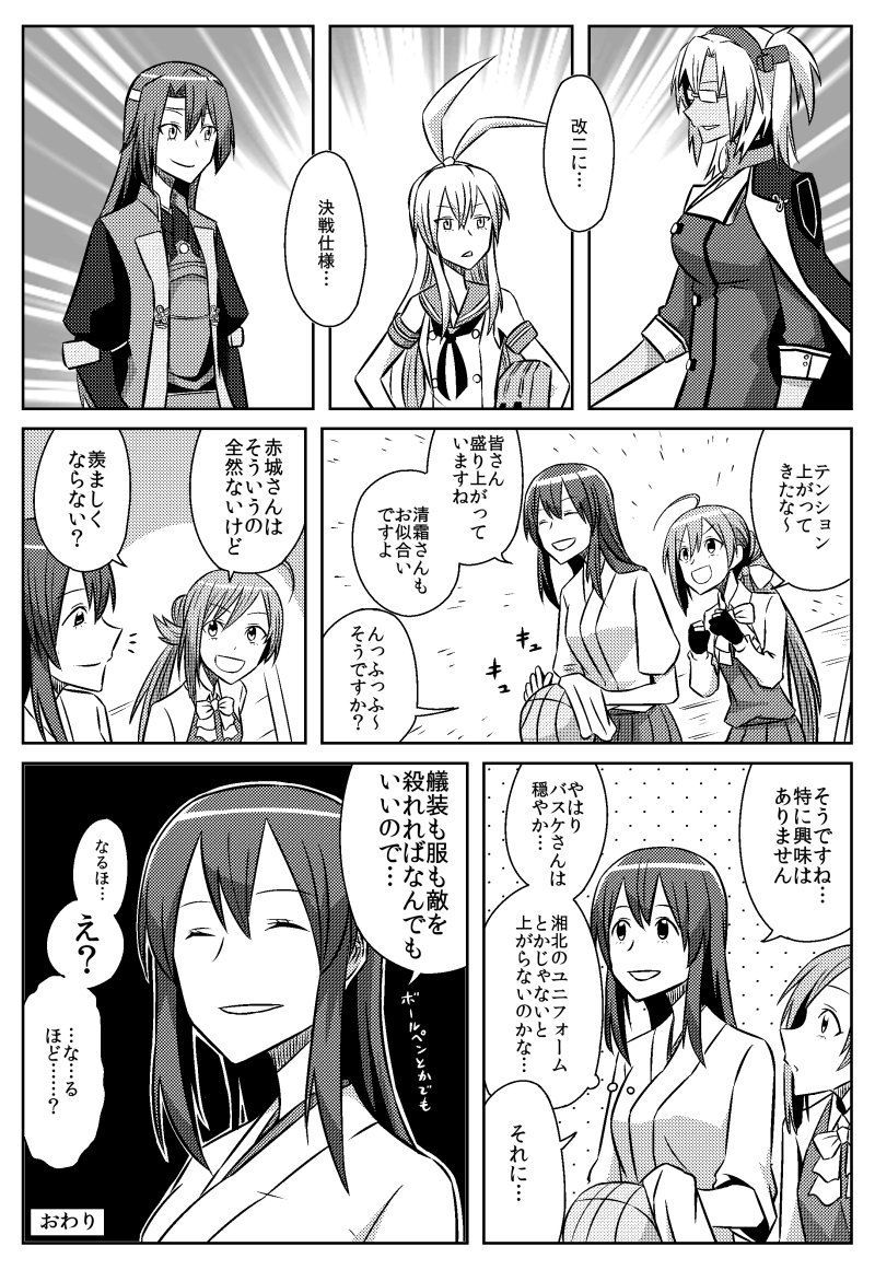 5girls :d ahoge akagi_(kantai_collection) basketball bench birii bow bowtie breasts buttons coat collar comic dress gloves greyscale hachimaki hair_between_eyes hair_down hair_flaps hairband hakama_skirt halterneck headband headgear japanese_clothes jinbaori kantai_collection kimono kiyoshimo_(kantai_collection) long_hair low_twintails monochrome multiple_girls muneate musashi_(kantai_collection) neckerchief open_mouth parted_lips partly_fingerless_gloves pleated_skirt remodel_(kantai_collection) sailor_collar school_uniform serafuku shimakaze_(kantai_collection) shirt short_hair_with_long_locks skirt sleeveless sleeveless_dress smile speech_bubble translation_request twintails two_side_up zuikaku_(kantai_collection)