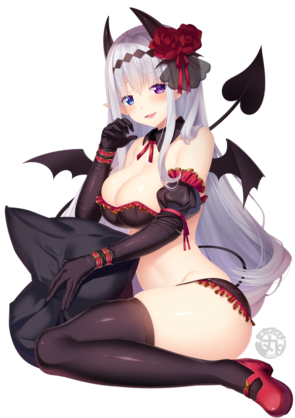 1girl :d bangs black_bra black_gloves black_legwear black_pillow black_wings bra breasts cleavage demon_girl demon_horns demon_tail demon_wings detached_collar elbow_gloves eyebrows_visible_through_hair flower from_side gloves hair_between_eyes hair_flower hair_ornament hand_to_own_mouth heterochromia horns large_breasts long_hair looking_at_viewer matatabi_maru open_mouth original pillow pillow_grab pink_footwear signature silver_hair simple_background sitting smile succubus tail thigh-highs thighs underwear very_long_hair wariza white_background wings