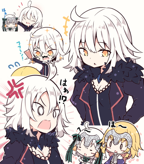 +++ 0_0 3girls :d ahoge bangs bell beni_shake black_dress black_jacket blonde_hair blush blush_stickers bow breasts capelet cleavage commentary_request dress eyebrows_visible_through_hair face_painting fate/grand_order fate_(series) flying_sweatdrops fur-trimmed_capelet fur-trimmed_jacket fur_trim green_bow green_ribbon hagoita hair_between_eyes hair_bow hanetsuki headpiece jacket jeanne_d'arc_(alter)_(fate) jeanne_d'arc_(fate) jeanne_d'arc_(fate)_(all) jeanne_d'arc_alter_santa_lily medium_breasts multiple_girls open_mouth paddle parted_lips purple_capelet ribbon silver_hair smile striped striped_bow striped_ribbon translation_request v-shaped_eyebrows white_background white_capelet wicked_dragon_witch_ver._shinjuku_1999 yellow_eyes