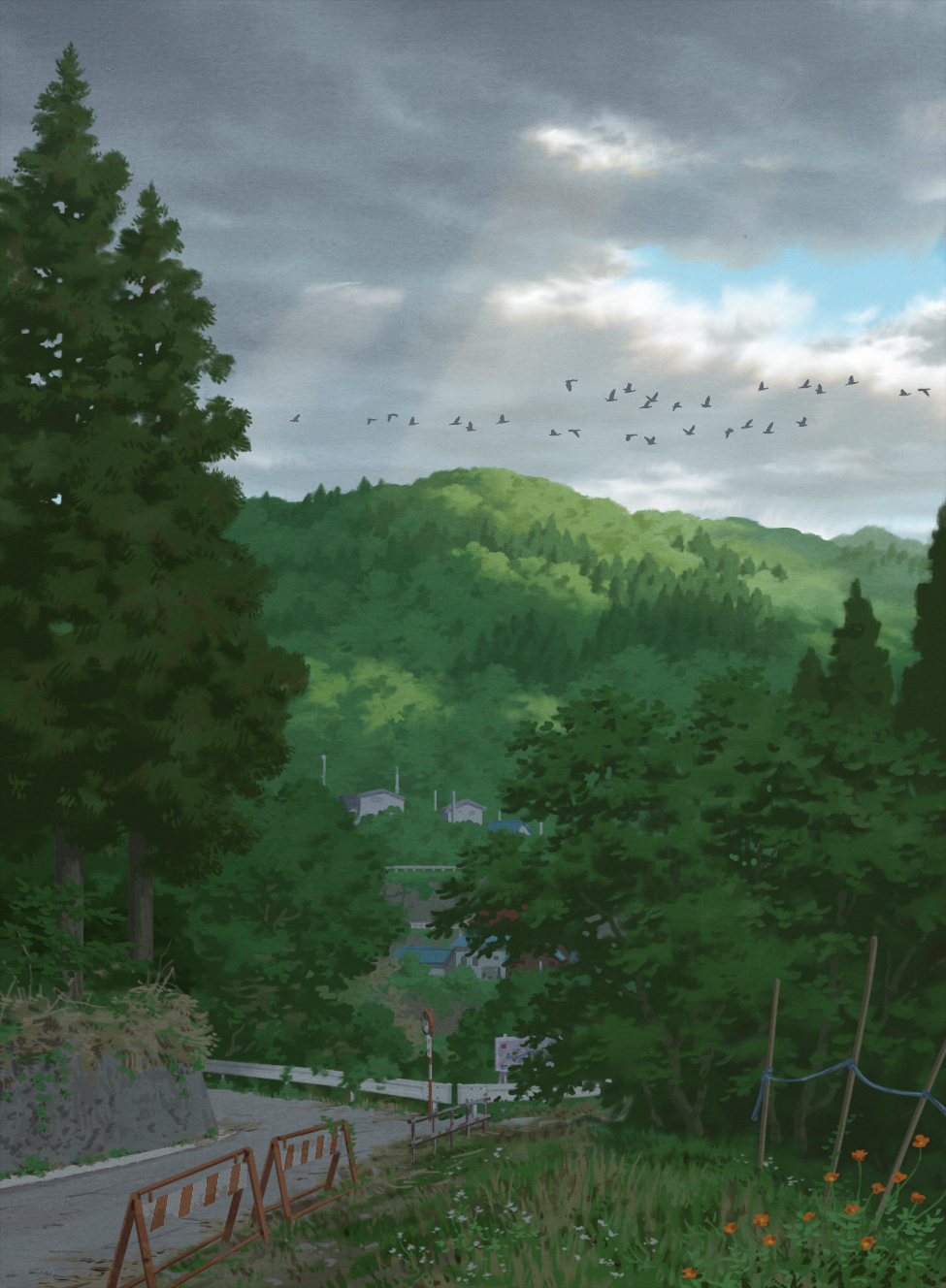 akasa_tanaha_(user_uhrn4435) bird clouds cloudy_sky commentary_request day flock grey_sky guard_rail highres house light_rays mountain nature no_humans original overcast road scenery sky tree