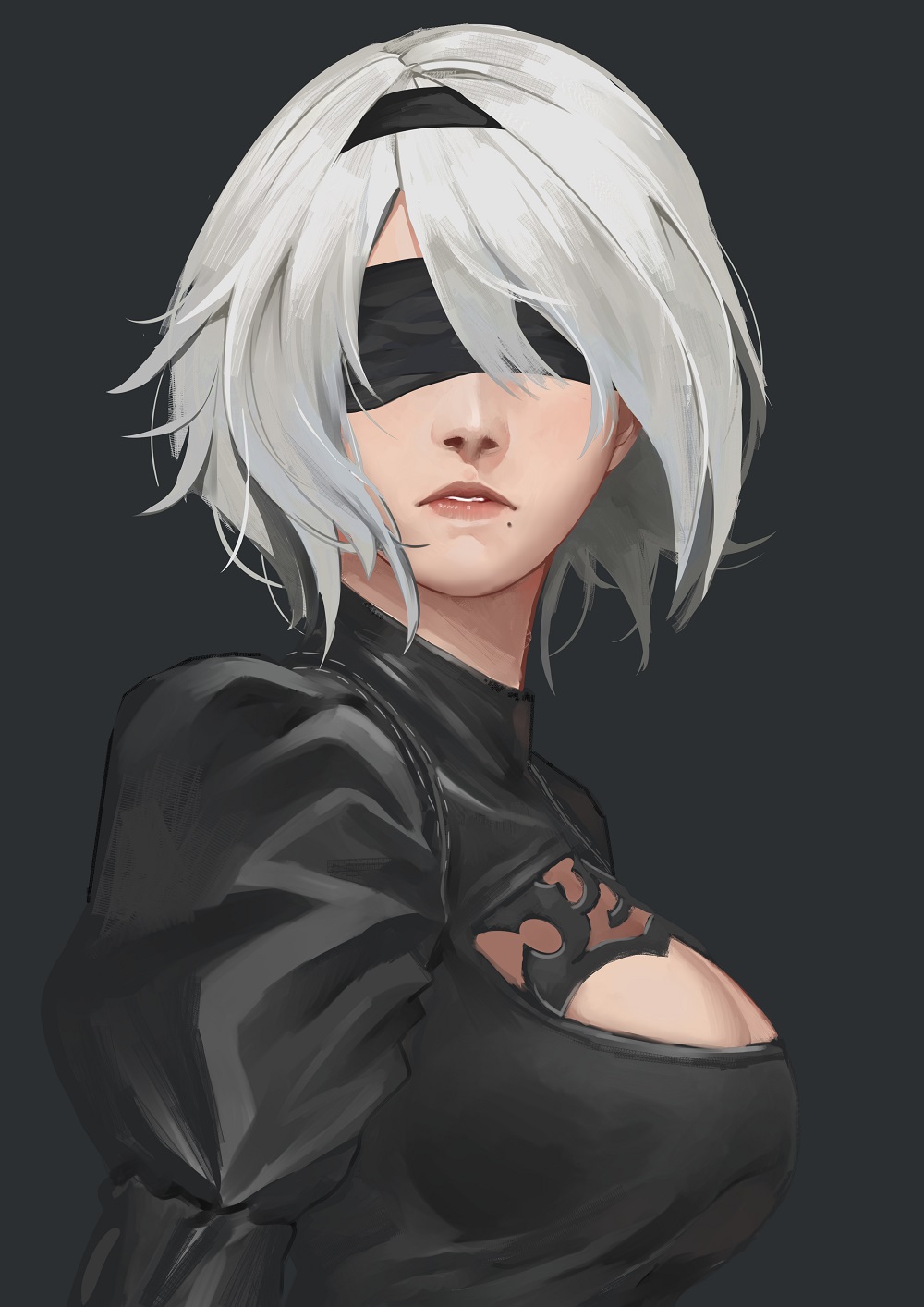 black_dress black_hairband blindfold blue_eyes cleavage_cutout covered_eyes dress facing_viewer hairband highres juliet_sleeves jun_project leotard long_sleeves mole mole_under_mouth nier_(series) nier_automata puffy_sleeves silver_hair yorha_no._2_type_b