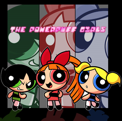 3girls :d :o black_hair blonde_hair blossom_(ppg) blue_dress blue_eyes bow bubbles_(ppg) buttercup_(ppg) copyright_name dress green_eyes grin hand_on_hip happy long_hair looking_away looking_back multiple_girls one_leg_raised open_mouth orange_hair pantyhose pink_dress pink_eyes powerpuff_girls shaded_face shimabo shoes short_hair siblings sisters smile twintails white_legwear