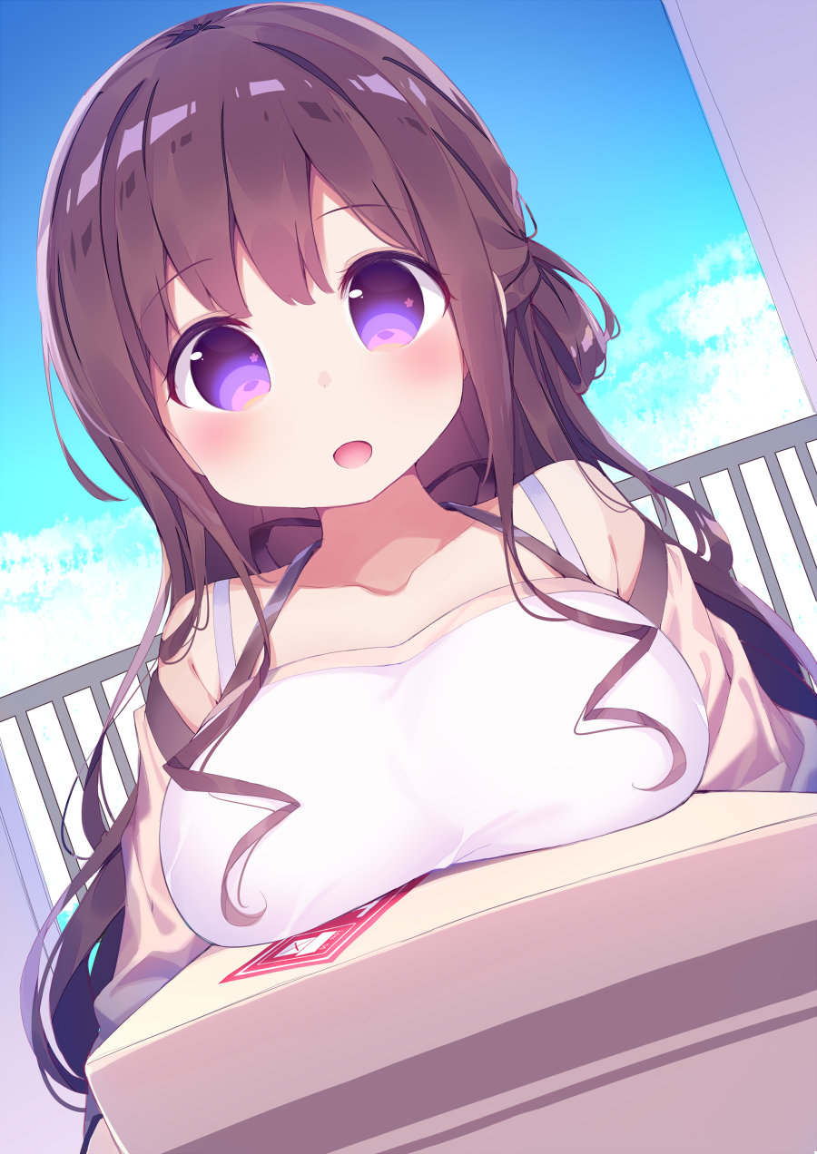 1girl bangs blue_sky blush box breast_rest breasts brown_hair carried_breast_rest chikuwa. clouds collarbone commentary_request day dutch_angle eyebrows_visible_through_hair half_updo halterneck highres holding holding_box kyouzuka_shion large_breasts long_hair no_pupils open_mouth sky slow_start solo upper_body violet_eyes