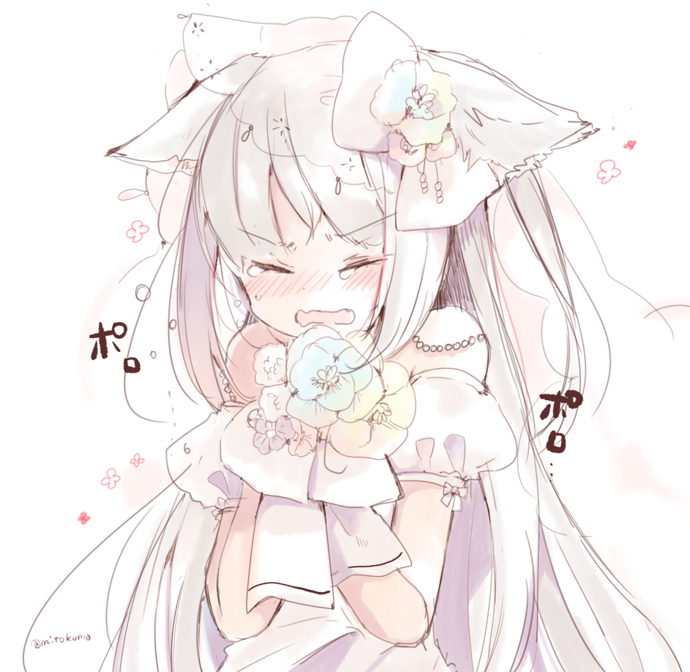 1girl animal_ears azur_lane bare_shoulders blush bouquet cat_ears closed_eyes commentary_request detached_sleeves dress facing_viewer fang flower hair_flower hair_ornament hammann_(azur_lane) holding holding_bouquet long_hair mitoko_(kuma) nose_blush open_mouth puffy_short_sleeves puffy_sleeves short_sleeves silver_hair solo tears very_long_hair wedding_dress white_background white_dress white_flower