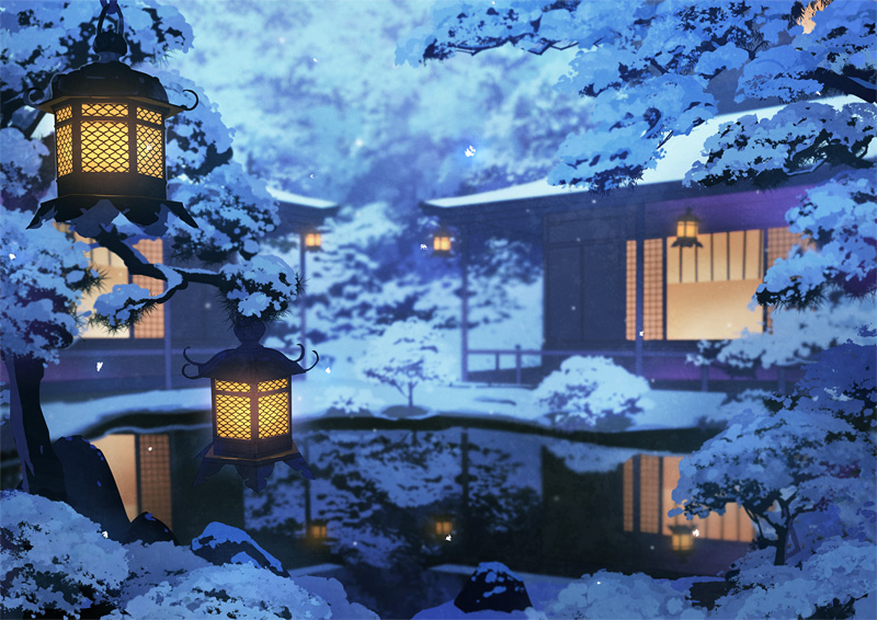 architecture east_asian_architecture lantern night no_humans original pond snow toichi_(ik07) tree water winter