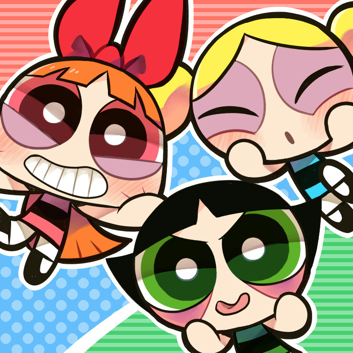 3girls :d :p black_hair blonde_hair blossom_(ppg) blue_background blue_dress blush bow bubbles_(ppg) buttercup_(ppg) closed_eyes dress green_background green_dress green_eyes hair_bow haku_le long_hair looking_at_viewer multicolored multicolored_background multiple_girls open_mouth orange_hair pink_background pink_dress pink_eyes powerpuff_girls short_hair siblings sisters smile tongue tongue_out twintails