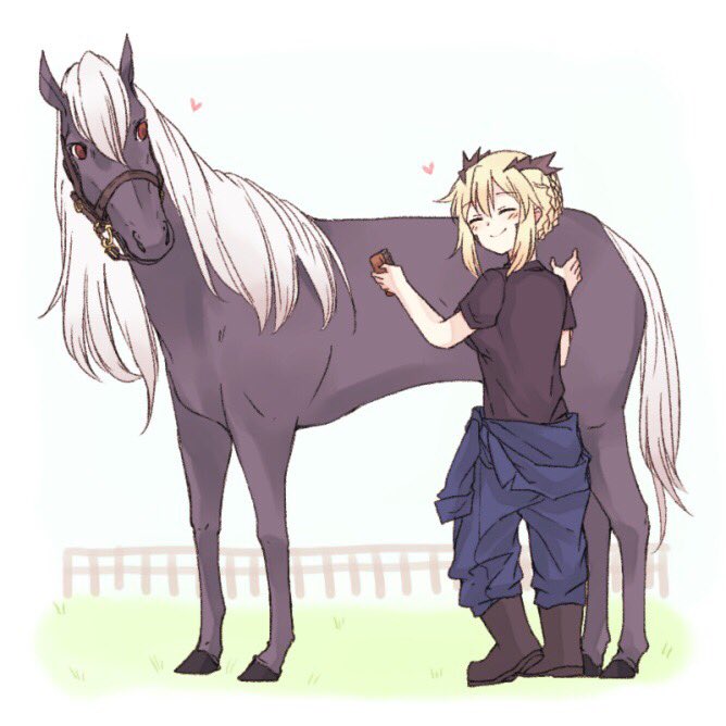 1girl alternate_costume anmitsu_prv artoria_pendragon_(all) artoria_pendragon_(lancer_alter) black_shirt blonde_hair blush boots braid brown_eyes brush casual closed_eyes commentary_request fate/grand_order fate_(series) fence grass hair_between_eyes heart horns horse llamrei_(fate) looking_at_another mouthpiece shirt short_sleeves smile standing t-shirt white_hair