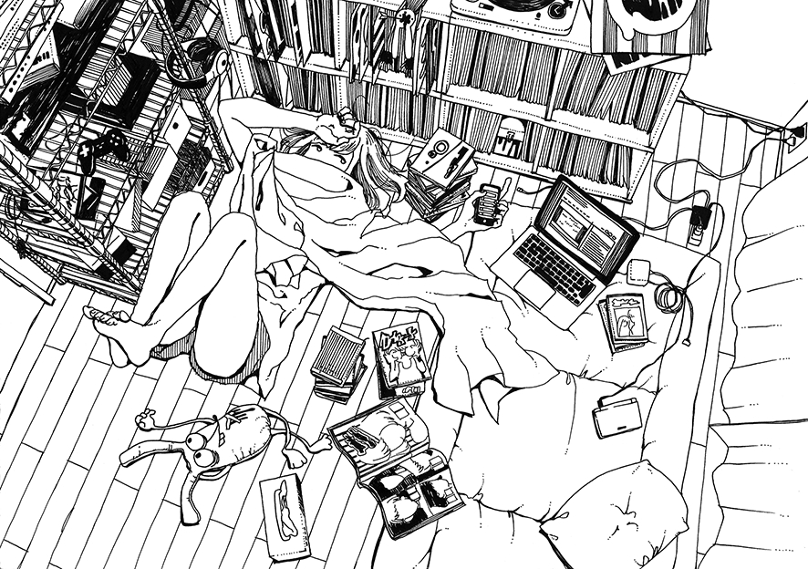 1girl blanket book bookshelf charger computer controller curtains electric_socket feet_up futon game_console game_controller hand_on_head handheld_game_console headphones laptop lying manga_(object) monochrome nintendo_3ds on_back phone phonograph pillow power_strip record shirokumacham short_shorts shorts solo stuffed_animal stuffed_toy tissue_box turntable wooden_floor
