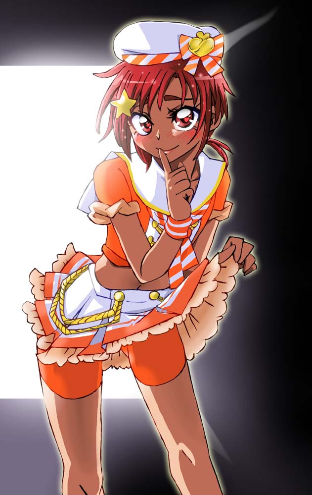 1girl breasts closed_mouth commentary_request graphite_(medium) hino_akane_(smile_precure!) looking_at_viewer millipen_(medium) onnaski precure shorts_under_skirt smile smile_precure! solo traditional_media