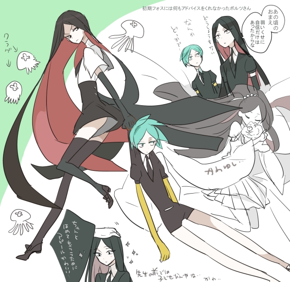 androgynous black_eyes black_gloves black_hair black_legwear black_neckwear black_shorts bort closed_eyes dragging elbow_gloves gem_uniform_(houseki_no_kuni) gloves golden_arms green_eyes green_hair houseki_no_kuni jellyfish long_hair multiple_views necktie pajamas petting phosphophyllite shiro_(houseki_no_kuni) shirt short_hair short_sleeves shorts shumiko_(kamenokoueki) suspender_shorts suspenders thigh-highs white_shirt