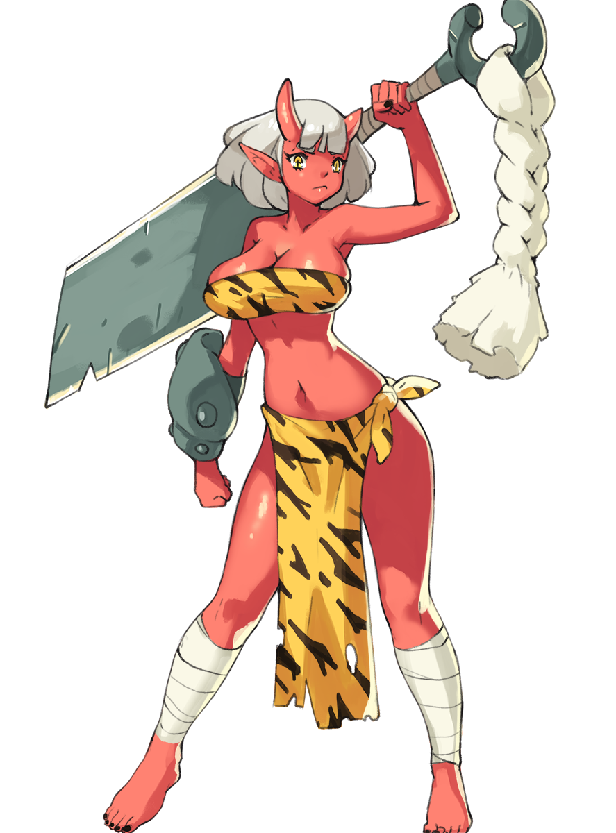 1girl bandage bandaged_leg bangs barefoot bikini black_nails blunt_bangs bracer breasts cleavage contrapposto fingernails full_body hand_up highres holding holding_sword holding_weapon horns large_breasts looking_at_viewer nail_polish navel oni oni_horns original over_shoulder pelvic_curtain red_skin short_hair silver_hair simple_background solo standing striped striped_bikini swimsuit sword toenail_polish toenails vins-mousseux weapon weapon_over_shoulder white_background yellow_eyes
