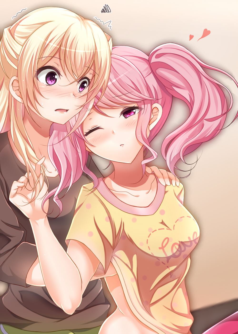 2girls artist_request bang_dream! blonde_hair blush brown_shirt clothes_writing commentary_request english hand_on_another's_shoulder hand_under_clothes hand_under_shirt heart highres looking_at_another maruyama_aya multiple_girls one_eye_closed open_mouth pink_eyes pink_hair shirasagi_chisato shirt shirt_lift short_sleeves squiggle trembling twintails uekara5 upper_body violet_eyes yellow_shirt yuri