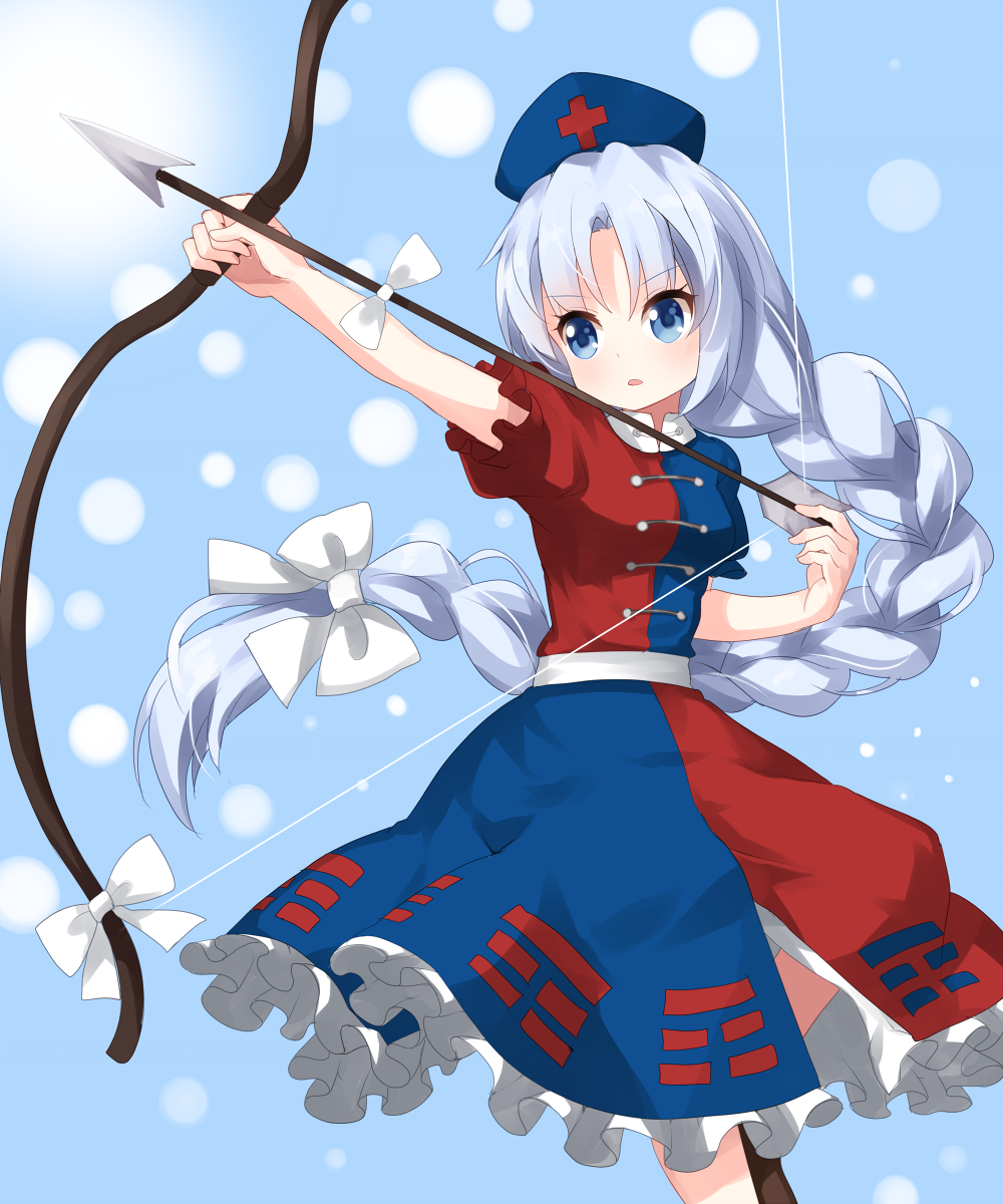 1girl arrow blue_eyes bow bow_(weapon) braid dress frilled_dress frills hair_bow hat highres long_braid long_hair nurse_cap ruu_(tksymkw) short_sleeves silver_hair solo touhou very_long_hair weapon white_bow yagokoro_eirin