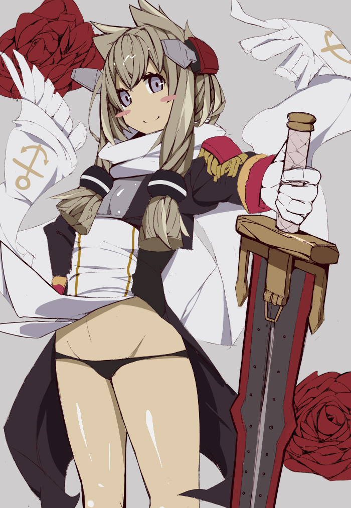 1girl anchor_symbol arudente azur_lane bangs black_legwear black_panties blush_stickers breasts closed_mouth crossed_bangs facing_away flower gloves grey_background groin hair_flaps hand_on_hip headgear holding holding_sword holding_weapon light_brown_hair long_hair long_sleeves lowleg lowleg_panties no_nose panties red_flower red_rose rose scarf shirt_lift simple_background small_breasts smile solo standing sword underwear violet_eyes warspite_(azur_lane) weapon white_gloves white_scarf wind wind_lift