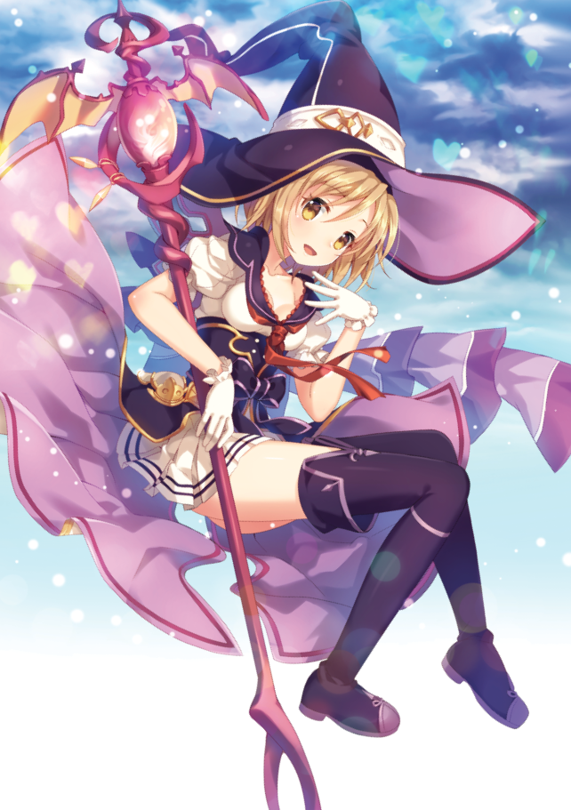 1girl black_legwear blonde_hair boots breasts brown_eyes commentary_request djeeta_(granblue_fantasy) full_body gloves granblue_fantasy hat holding looking_at_viewer medium_breasts narinn short_hair staff thigh-highs wand white_gloves witch_hat