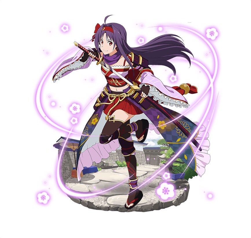 1girl ahoge black_gloves black_legwear detached_sleeves faux_figurine fingerless_gloves floating_hair gloves headband holding holding_sheath holding_sword holding_weapon japanese_clothes looking_at_viewer midriff miniskirt navel one_leg_raised pleated_skirt purple_hair purple_neckwear red_eyes red_headband red_skirt sheath simple_background skirt smile solo standing standing_on_one_leg stomach sword sword_art_online thigh-highs unsheathed violet_eyes weapon white_background yuuki_(sao)