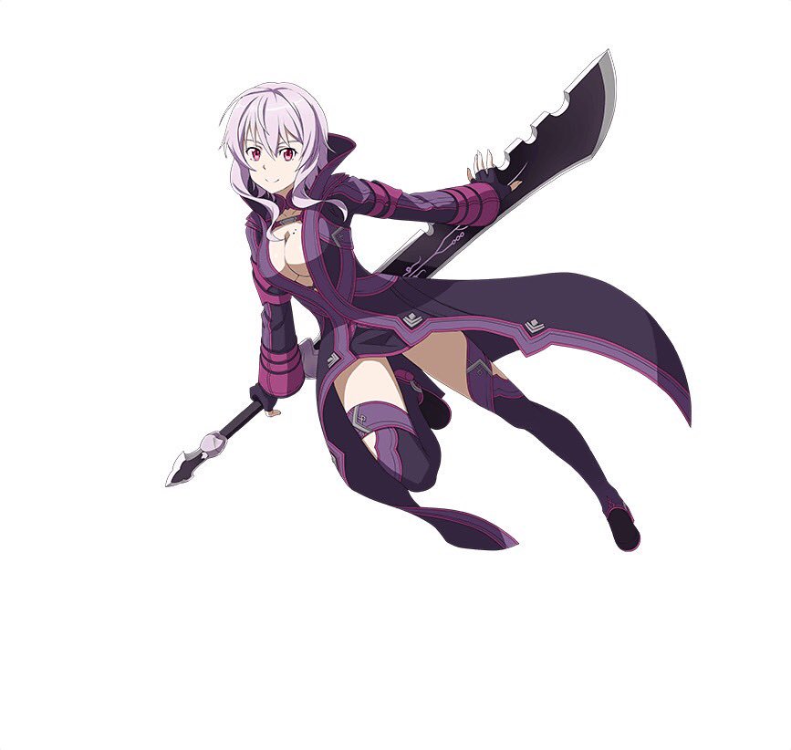 1girl black_gloves breasts cleavage fingerless_gloves full_body gloves hair_between_eyes holding holding_sword holding_weapon large_breasts looking_at_viewer mole mole_on_breast pink_hair purple_legwear red_eyes short_hair_with_long_locks sidelocks simple_background smile solo strea sword sword_art_online thigh-highs weapon white_background