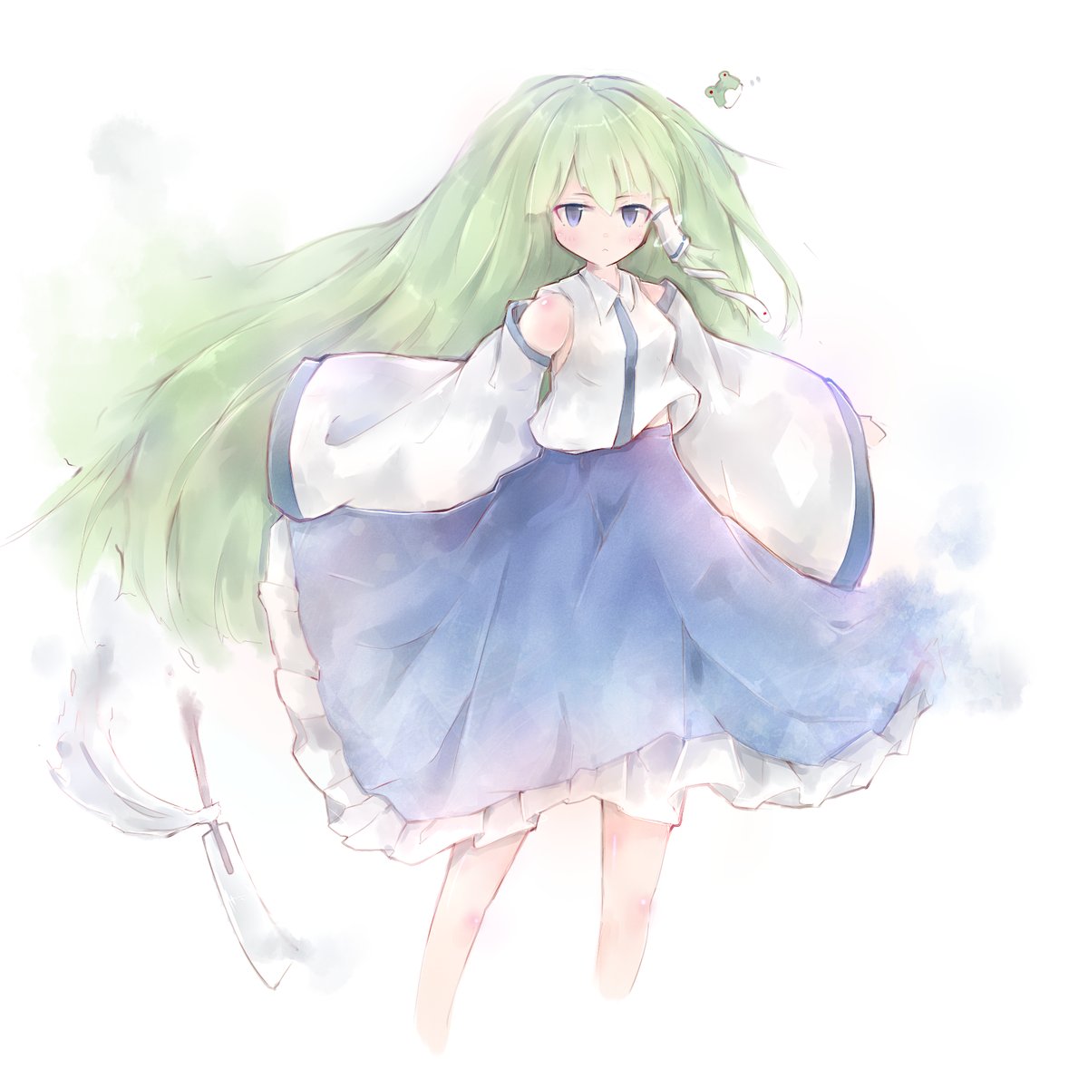 1girl blue_eyes detached_sleeves frills frog gohei green_hair gurito hair_accesories kochiya_sanae long_hair miko skirt snake touhou