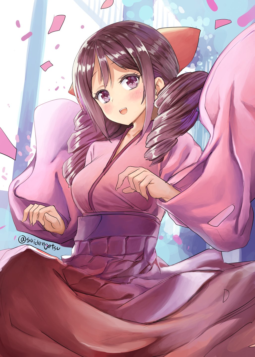 1girl :d blush bow breasts brown_hair commentary confetti cowboy_shot drill_hair eyebrows_visible_through_hair hair_bow hakama harukaze_(kantai_collection) highres japanese_clothes kantai_collection kimono long_hair looking_at_viewer medium_breasts meiji_schoolgirl_uniform open_mouth pink_kimono red_bow red_eyes red_hakama smile solo suidengetsu twin_drills twitter_username