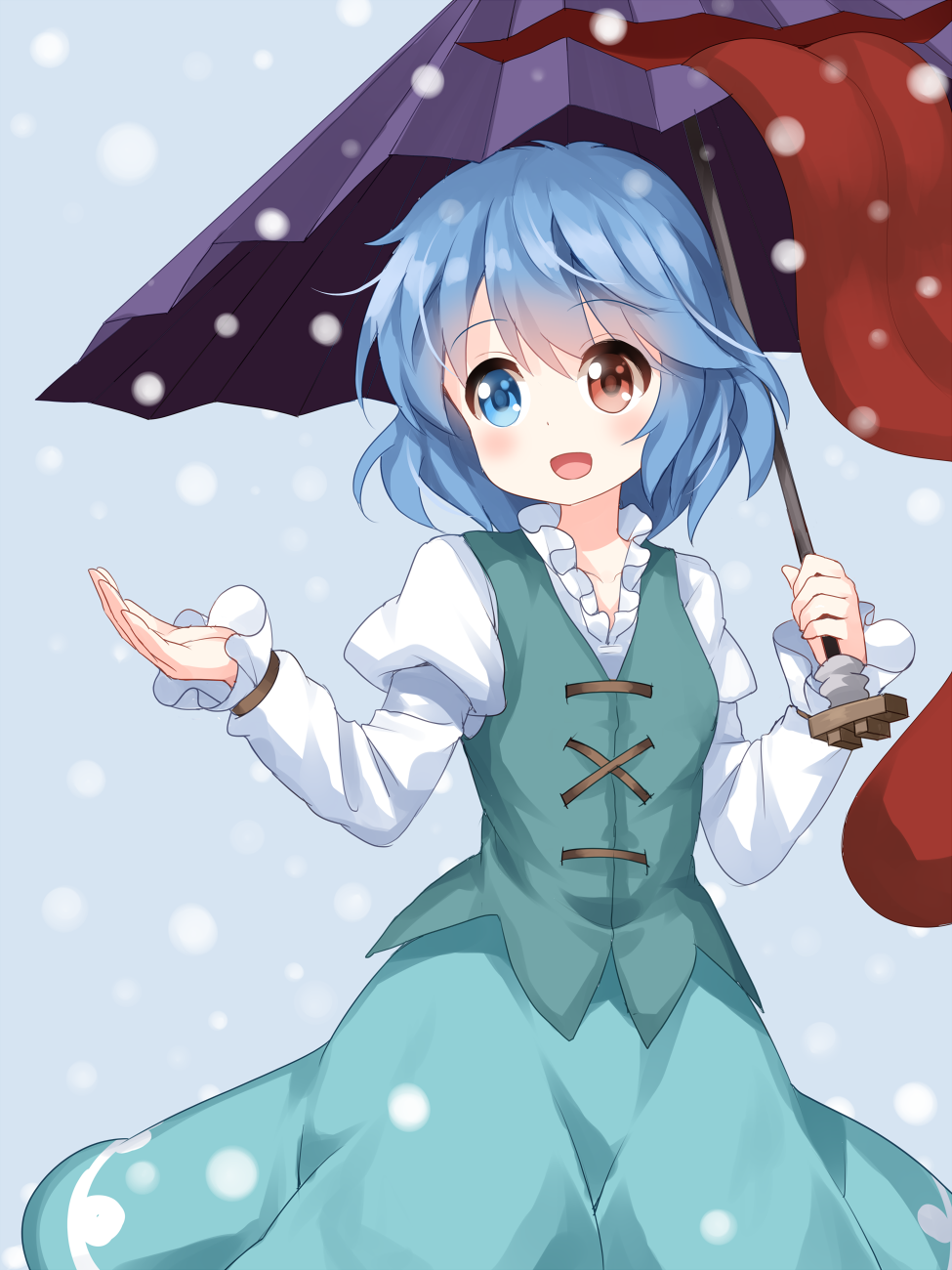 1girl :d aqua_skirt aqua_vest blue_eyes blue_hair eyebrows_visible_through_hair heterochromia highres jewelry karakasa_obake long_tongue open_mouth outstretched_hand red_eyes ruu_(tksymkw) shirt short_hair smile snowing solo tatara_kogasa tongue touhou umbrella vest white_shirt