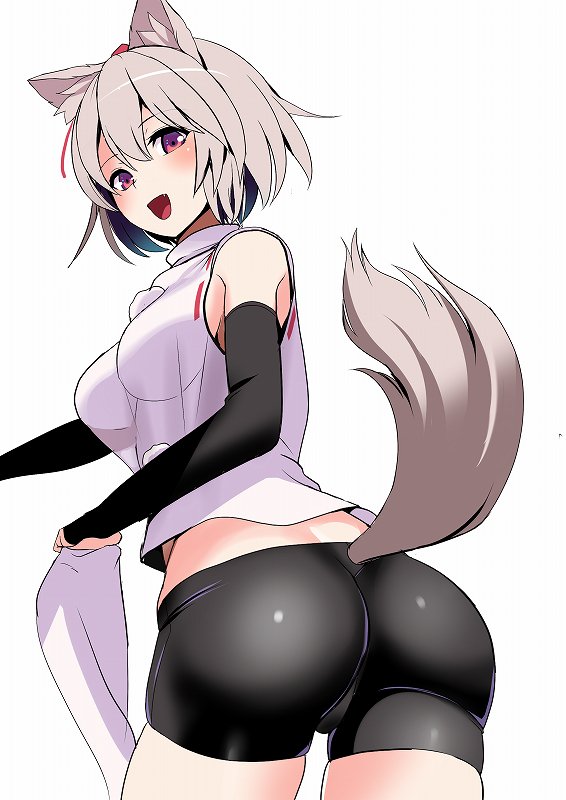 1girl amisu animal_ears ass black_pants breasts commentary_request cowboy_shot elbow_gloves eyebrows_visible_through_hair fingerless_gloves from_behind from_below gloves grey_hair hat inubashiri_momiji large_breasts looking_at_viewer maroon_eyes midriff open_mouth pants pom_pom_(clothes) shirt short_hair short_shorts shorts sleeveless sleeveless_shirt solo standing tail tokin_hat tongue touhou turtleneck twisted_torso white_background white_shirt wolf_ears wolf_tail