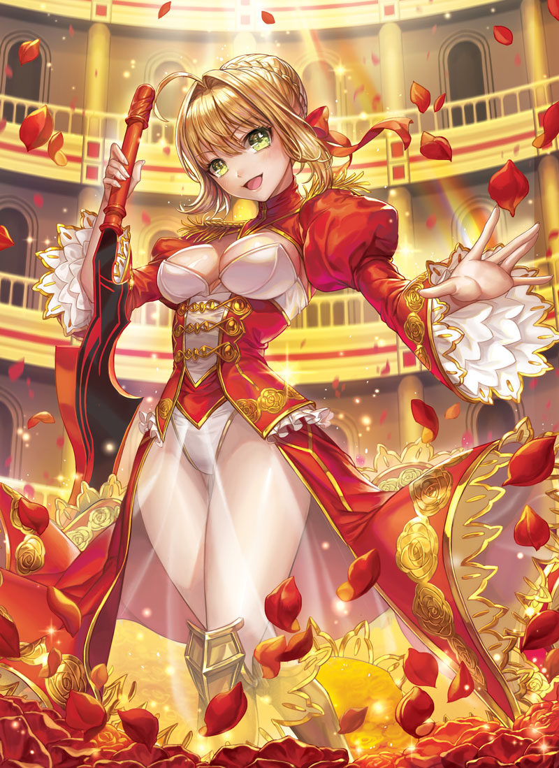 1girl :d aestus_estus ahoge blonde_hair box_(hotpppink) breasts cleavage commentary_request dress epaulettes fate/extra fate_(series) green_eyes hair_intakes holding holding_sword holding_weapon looking_at_viewer medium_breasts nero_claudius_(fate) nero_claudius_(fate)_(all) open_mouth petals puffy_sleeves red_dress short_hair smile sword weapon