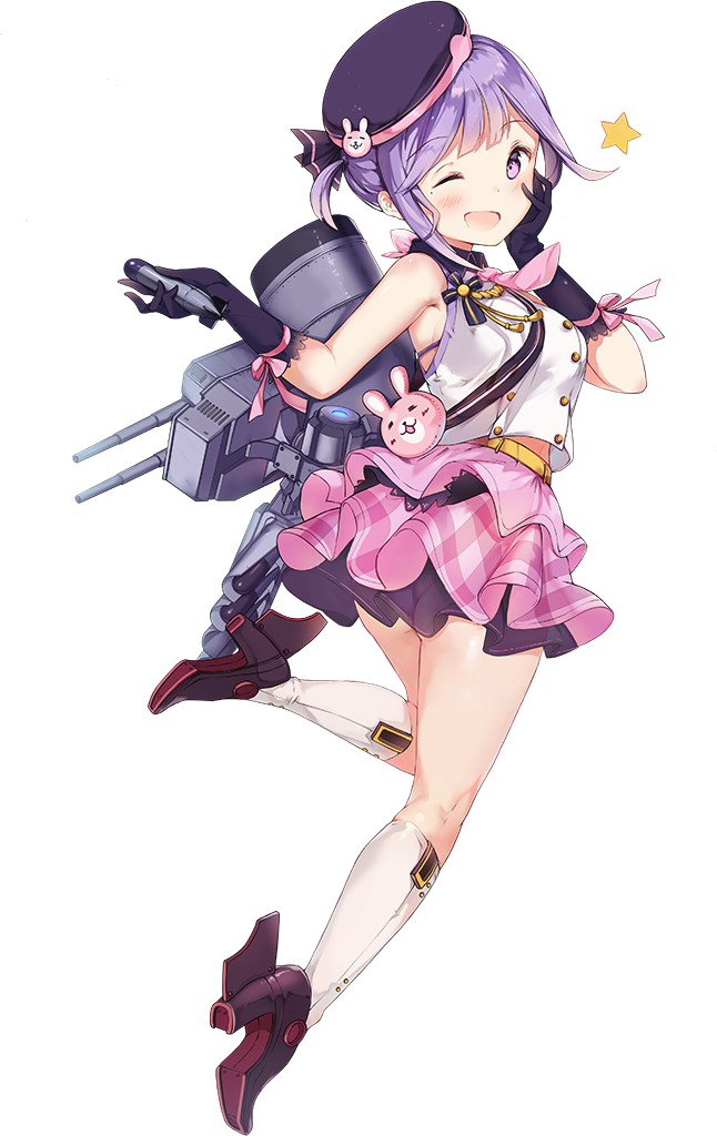 1girl ;d artist_request ascot azur_lane bangs bare_shoulders black_footwear black_gloves black_hat blush full_body gloves hand_on_own_face hat high_heels kneehighs kneepits machinery matchless_(azur_lane) miniskirt mole mole_under_eye official_art one_eye_closed one_side_up open_mouth pink_neckwear pink_ribbon pink_skirt purple_hair rabbit ribbon shirt shoes short_hair simple_background skirt sleeveless sleeveless_shirt smile solo tachi-e torpedo torpedo_tubes transparent_background turret white_legwear white_shirt