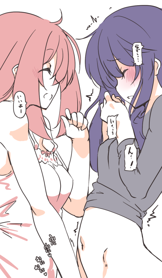 2girls blush breasts chemise closed_eyes commentary_request eyebrows_visible_through_hair hand_between_legs kagamihara_nadeshiko long_hair long_sleeves multiple_girls nakadori_(movgnsk) navel open_mouth out-of-frame_censoring purple_hair redhead shima_rin simple_background sketch small_breasts smile translation_request white_background yuri yurucamp