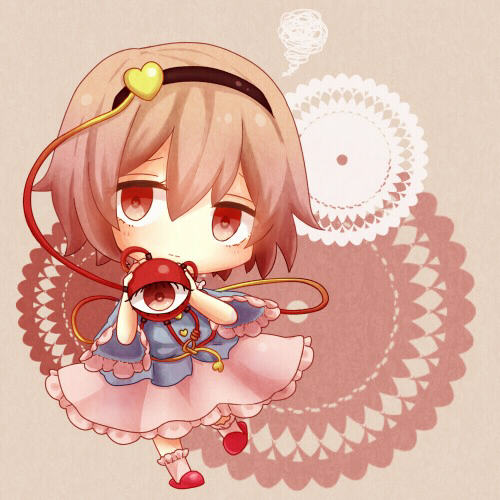 1girl black_hairband blush chibi commentary_request doily eyeball frilled_skirt frilled_sleeves frills hair_between_eyes hairband heart holding john_no_hito komeiji_satori looking_at_viewer lowres no_nose pink_footwear pink_hair red_eyes short_hair skirt slippers socks solo squiggle third_eye touhou