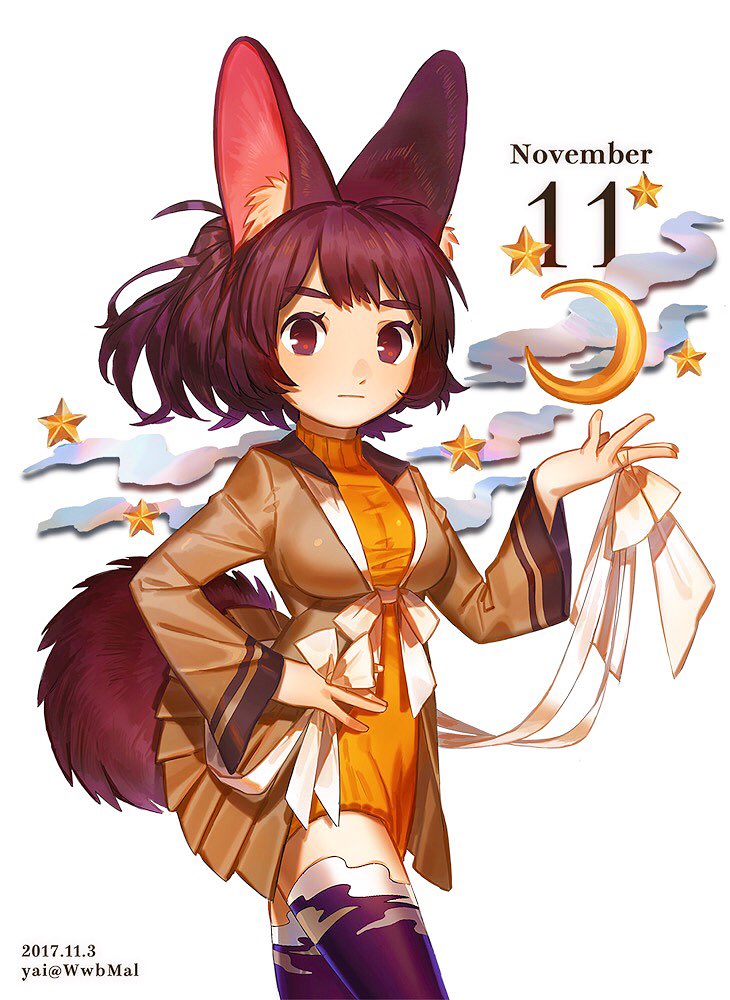1girl animal_ears bangs bow breasts brown_dress brown_eyes brown_hair closed_mouth cowboy_shot crescent dated dog_ears dog_girl dog_tail dress eyebrows_visible_through_hair hand_on_hip hand_up long_hair looking_at_viewer medium_breasts november open_clothes open_dress orange_dress original pleated_dress purple_legwear ribbon short_hair simple_background solo star tail thick_eyebrows thigh-highs twitter_username white_background white_bow white_ribbon yai_(hachihito)