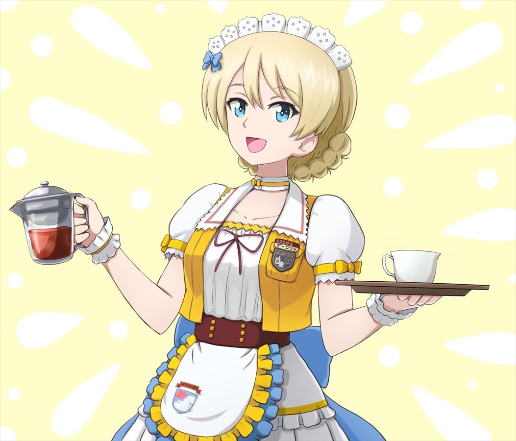 1girl :d alternate_costume apron bangs blonde_hair blue_bow blue_eyes bow bow_choker braid choker coco's commentary cup darjeeling emblem english eyebrows_visible_through_hair frilled_apron frilled_skirt frills girls_und_panzer hair_bow holding jacket large_bow layered_skirt looking_at_viewer maid_headdress name_tag omachi_(slabco) open_mouth puffy_short_sleeves puffy_sleeves shirt short_hair short_sleeves skirt smile solo st._gloriana's_(emblem) teacup teapot tied_hair tray twin_braids upper_body waist_apron white_apron white_shirt white_skirt wristband yellow_choker yellow_jacket