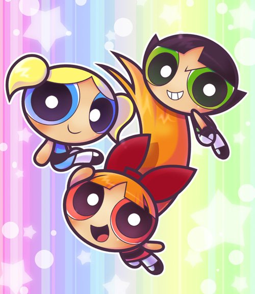 &gt;:) 3girls :d black_hair blonde_hair blossom_(ppg) blue_background blue_dress blue_eyes bow bubble_background bubbles_(ppg) buttercup_(ppg) dress green_background green_eyes hair_bow happy long_hair looking_at_viewer multicolored multicolored_background multiple_girls one_leg_raised open_mouth orange_hair pantyhose pink_background pink_dress pink_eyes powerpuff_girls purple_background shimabo shoes short_hair siblings sisters smile star starry_background twintails white_legwear yellow_background