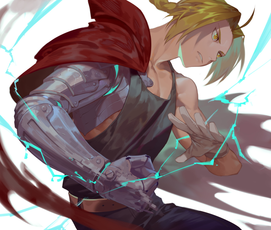 1boy ahoge bangs belt black_shirt blonde_hair blue_pants braid cape clenched_teeth denim edward_elric electricity fullmetal_alchemist gloves grey_gloves jeans male_focus mechanical_arm pants parted_bangs red_cape shirt single_glove solo teeth yamakawa yellow_eyes