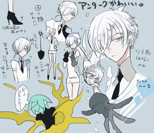 androgynous antarcticite black_gloves black_neckwear blue_eyes gem_uniform_(houseki_no_kuni) gloves gold green_hair houseki_no_kuni multiple_views necktie phosphophyllite shirt short_hair short_sleeves shorts shovel shumiko_(kamenokoueki) white_hair white_shirt white_shorts worktool