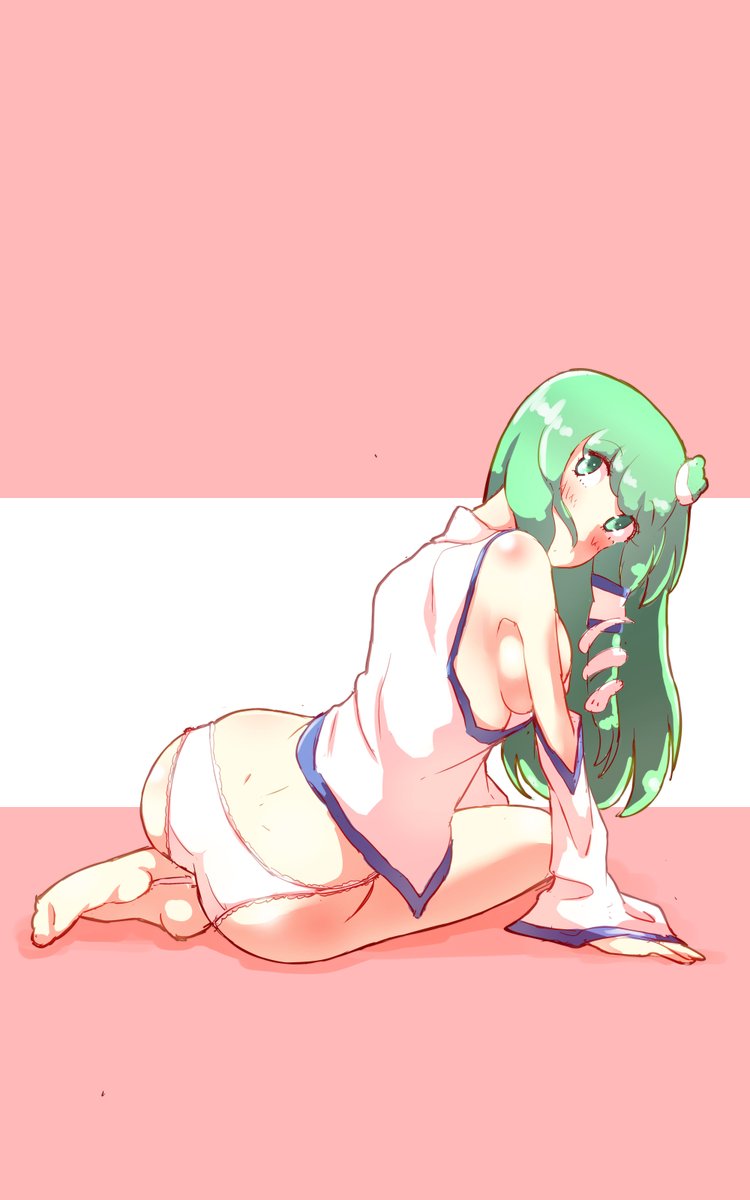 1girl barefoot blush bottomless feet green_eyes green_hair hair_accessories kochiya_sanae long_hair panties sideboob snake touhou