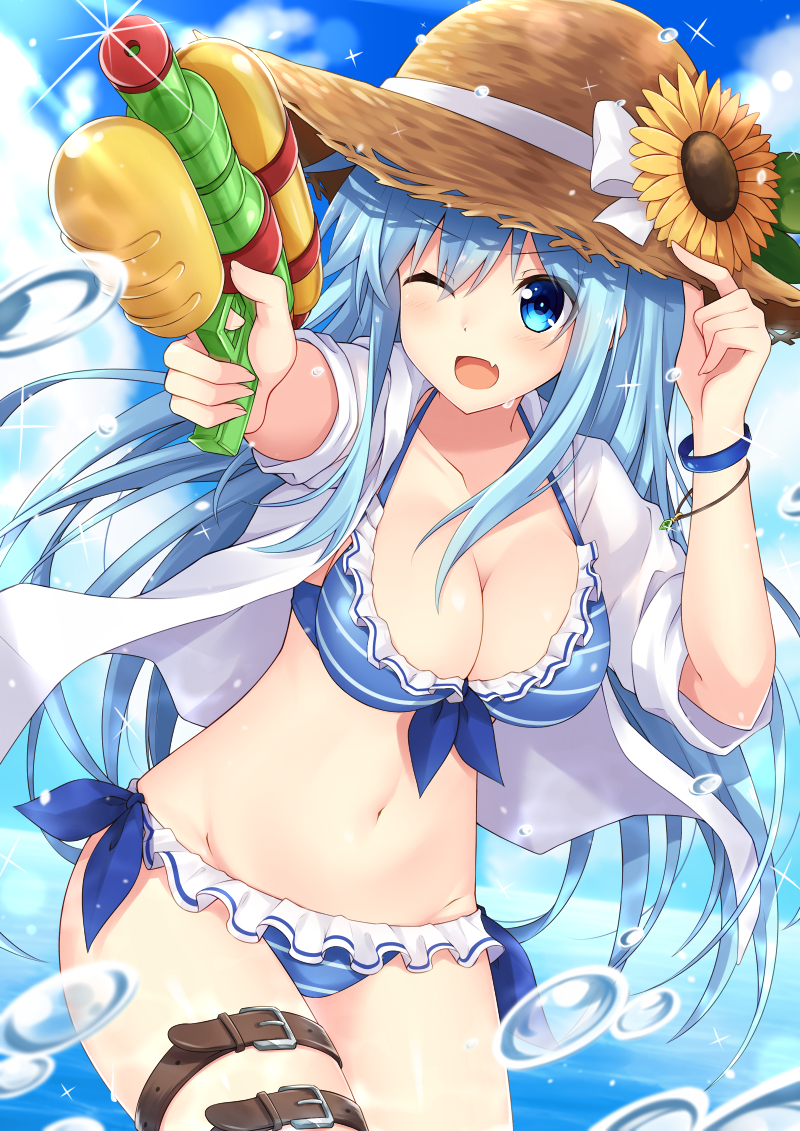 1girl bikini blue_bikini blue_eyes blue_hair blush bow bracelet breasts cleavage collarbone day eyebrows_visible_through_hair fang flower frilled_bikini frills front-tie_top hat jewelry komori_kuzuyu long_hair looking_at_viewer medium_breasts navel ocean one_eye_closed open_clothes open_mouth open_shirt original outdoors ribbon shiny shiny_hair shiny_skin shirt side-tie_bikini splashing striped striped_bikini sun_hat sunflower swimsuit thigh_strap very_long_hair water_gun white_bow white_ribbon white_shirt