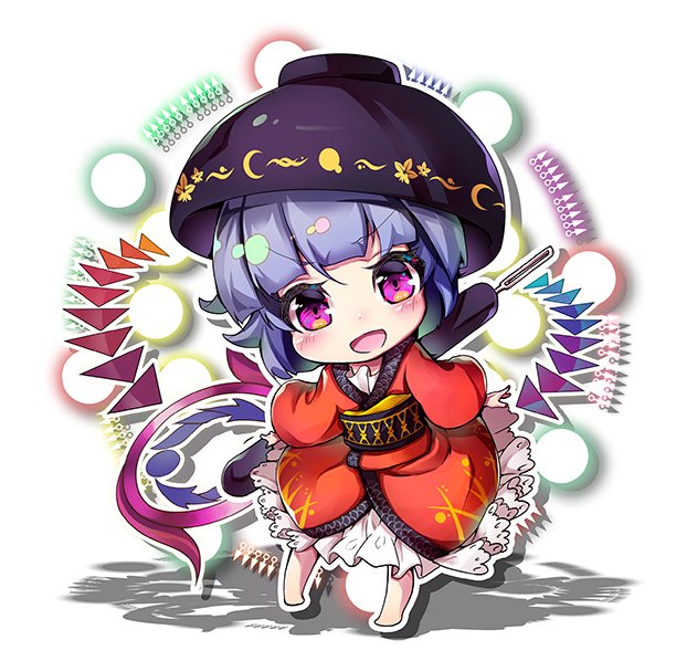 1girl :d artist_request barefoot blush bowl bowl_hat chibi commentary_request danmaku eyebrows_visible_through_hair full_body hat japanese_clothes kimono lavender_hair looking_at_viewer magenta_eyes needle obi open_mouth red_kimono sash shadow smile solo standing sukuna_shinmyoumaru touhou white_background
