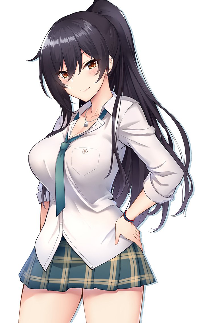 1girl black_hair blush breasts cleavage eyebrows_visible_through_hair green_neckwear green_skirt hand_on_hip idolmaster idolmaster_shiny_colors kurifuto large_breasts long_hair looking_at_viewer necktie plaid plaid_skirt pleated_skirt ponytail school_uniform shirase_sakuya skirt sleeves_rolled_up smile solo white_background yellow_eyes