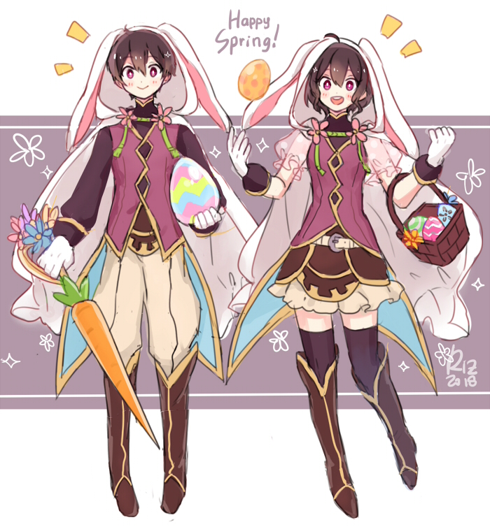 1boy 1girl animal_costume animal_hood brown_hair bunny_boy bunny_costume bunny_girl bunny_hood bunny_tail bunnysuit carrot dinikee easter_egg egg fire_emblem fire_emblem:_kakusei fire_emblem_heroes genderswap hood looking_at_viewer mark_(fire_emblem) red_eyes smile tail