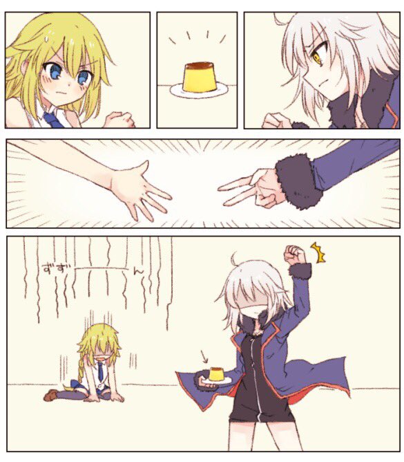 2girls ahoge anmitsu_prv arm_up blonde_hair blue_eyes clenched_hand comic commentary_request dual_persona fate/grand_order fate_(series) food fur_trim jacket jeanne_d'arc_(alter)_(fate) jeanne_d'arc_(fate) jeanne_d'arc_(fate)_(all) long_braid multiple_girls open_clothes open_jacket pudding rock_paper_scissors shaded_face short_hair silent_comic sitting sweat thigh-highs v white_hair yellow_eyes