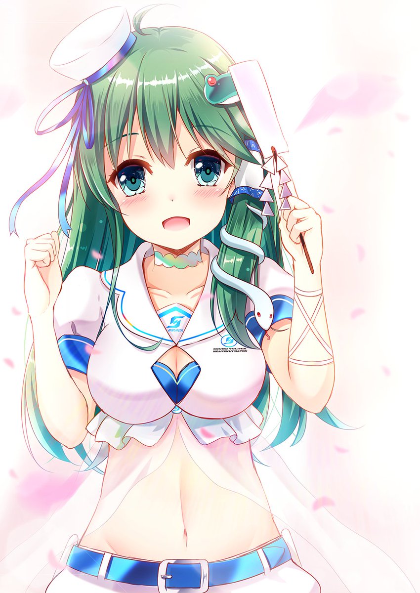 1girl alternate_costume alternate_outfit blush breasts choker collar frills frog gohei green_eyes green_hair hair_accessories hat if_akine kochiya_sanae open_mouth red_eyes ribbon snake touhou