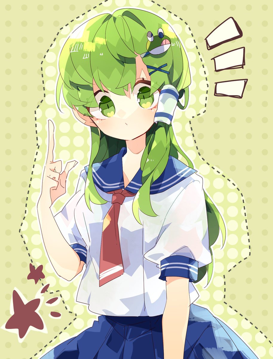 1girl alternate_costume alternate_outfit finger_pointing_up frog_hair_accessory green_eyes green_hair hair_accessories kochiya_sanae long_hair looking_at_viewer necktie school_uniform seifuku skirt star touhou