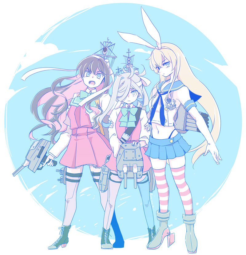 3girls anchor aqua_neckwear arm_grab asashimo_(kantai_collection) black_hair black_neckwear blonde_hair blue_eyes blue_sailor_collar blue_skirt blue_sky boots bow bowtie breasts closed_mouth collared_shirt cross-laced_footwear dress elbow_gloves fangs frown full_body gloves grey_eyes grey_hair gun hachimaki hair_between_eyes hair_over_one_eye hairband halterneck hand_on_another's_arm headband hiro_(srso4_) holding holding_weapon kantai_collection lace-up_boots long_hair long_sleeves looking_at_viewer machinery miniskirt multicolored_hair multiple_girls naganami_(kantai_collection) neckerchief open_mouth pantyhose pink_hair pleated_skirt ponytail remodel_(kantai_collection) rigging rudder_shoes sailor_collar school_uniform serafuku shimakaze_(kantai_collection) shirt skirt sky sleeveless sleeveless_dress strap striped striped_legwear teeth thigh-highs torpedo_tubes turret two-tone_hair v-shaped_eyebrows wavy_hair weapon white_gloves white_hairband white_headband white_shirt