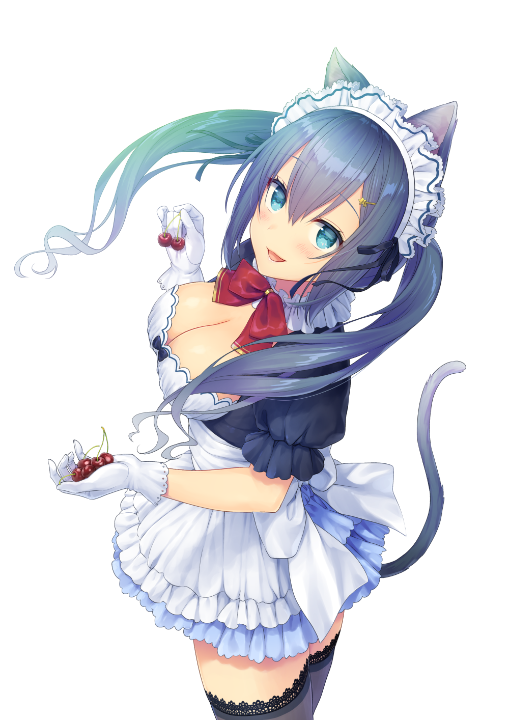 1girl :d animal_ears apron bangs black_legwear blue_eyes blue_hair blue_skirt blush bow bowtie breasts cat_ears cat_tail cherry cleavage cleavage_cutout colored_eyelashes daidai_jamu eyebrows_visible_through_hair food frilled_apron frills from_side fruit gloves highres holding holding_food holding_fruit lace lace-trimmed_thighhighs large_breasts long_hair looking_at_viewer looking_to_the_side maid_headdress neck_garter open_mouth original puffy_short_sleeves puffy_sleeves red_bow red_neckwear short_sleeves simple_background skirt smile solo standing tail thigh-highs twintails waist_apron white_apron white_background white_bow white_gloves zettai_ryouiki