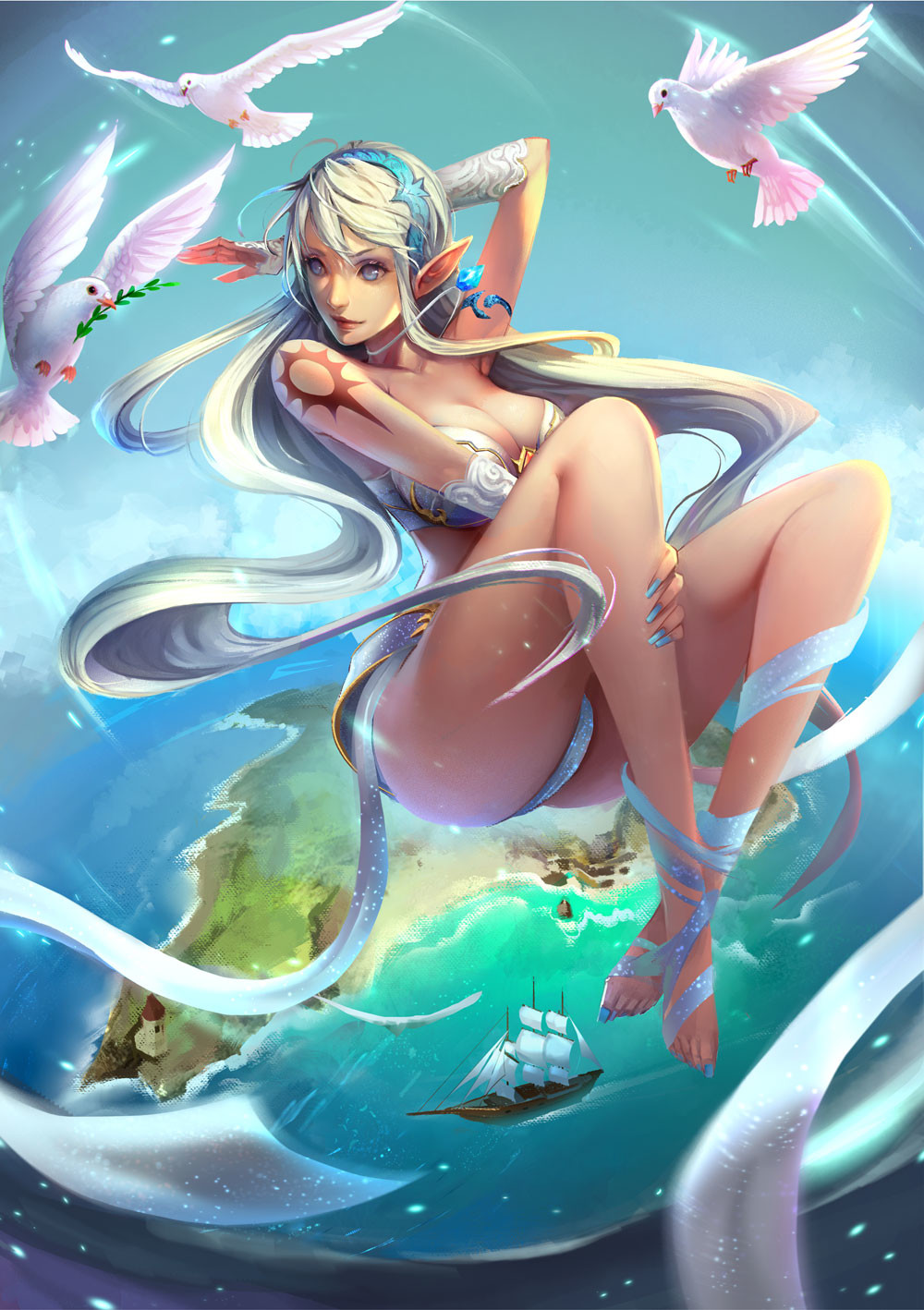 1girl airborne bird blue_eyes breasts bustier cleavage dove elbow_gloves gloves highres janna_windforce kusanagi_lin large_breasts league_of_legends long_hair md5_mismatch nail_polish pointy_ears ship silver_hair tagme tattoo very_long_hair watercraft