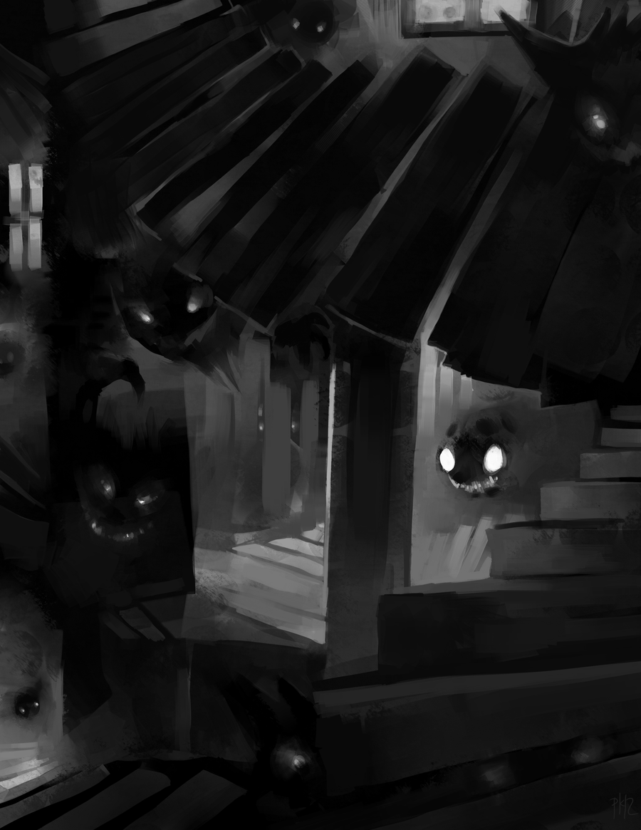 commission dark evil_smile gastly gengar ghost glitchedpuppet haunter indoors looking_at_viewer pokemon pokemon_(game) pokemon_rgby sharp_teeth signature smile stairs teeth window